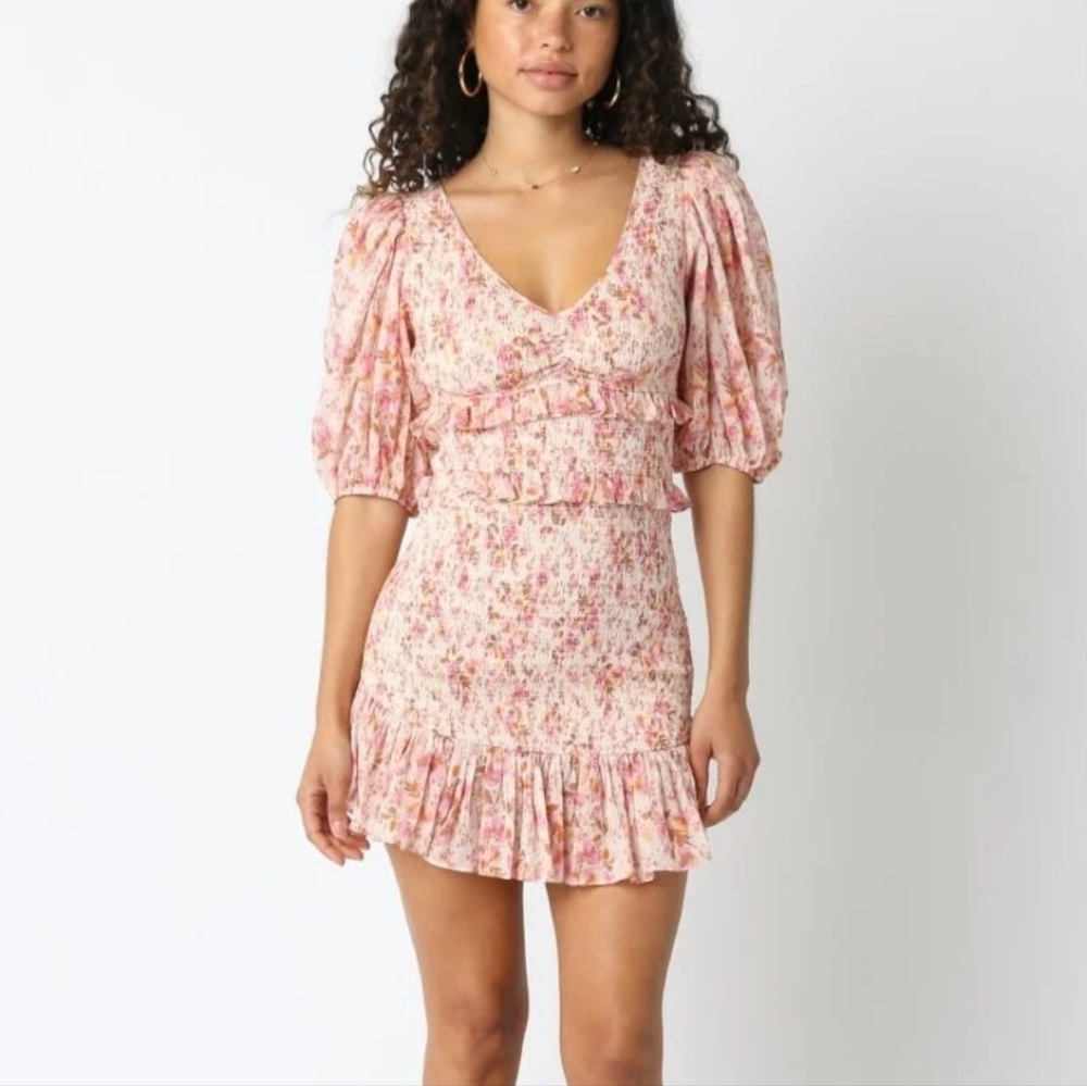 Olivaceous Pink Floral Smocked Ruffle Detail Half Sleeve V Cut Neck Mini Dress